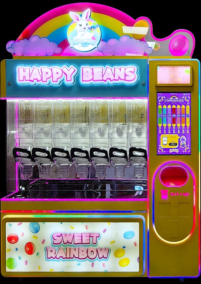 Happy Beans candy vending machine with rainbow sign, sweet dispensers and Sweet Rainbow lower panel