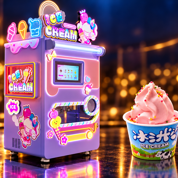 Pink and purple illuminated Ice Cream vending machine with a cup of pink ice cream topped with colourful sprinkles